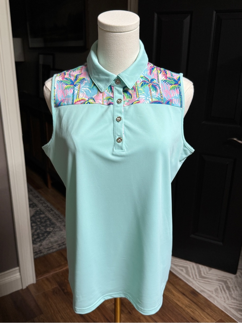 {Stella Parker} Turquoise Pink Tropical Golf Polo Tank Top Shirt WSH51